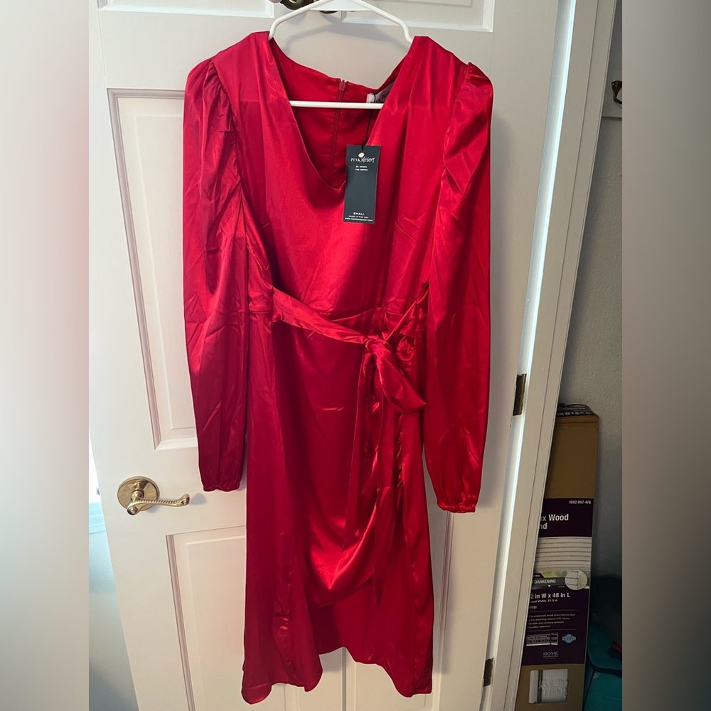 KISSMAS RED SATIN FAUX WRAP DRESS BY SARAH TRIPP X PINK DESERT size small